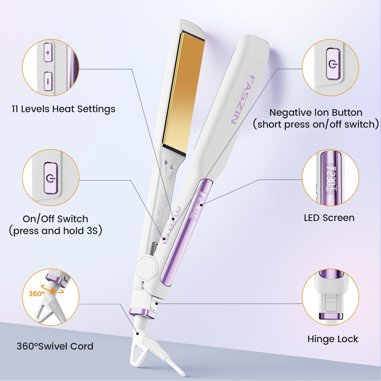 Faszin Professional Hair Straightener, 1.65inch Wide-Plate, Titanium Negative Ion Flat Iron, 30s Rapid Heating, LED Real-Time Temp Display, Wide Voltage & 10 Adjustable Temperature Levels (260-450℉)