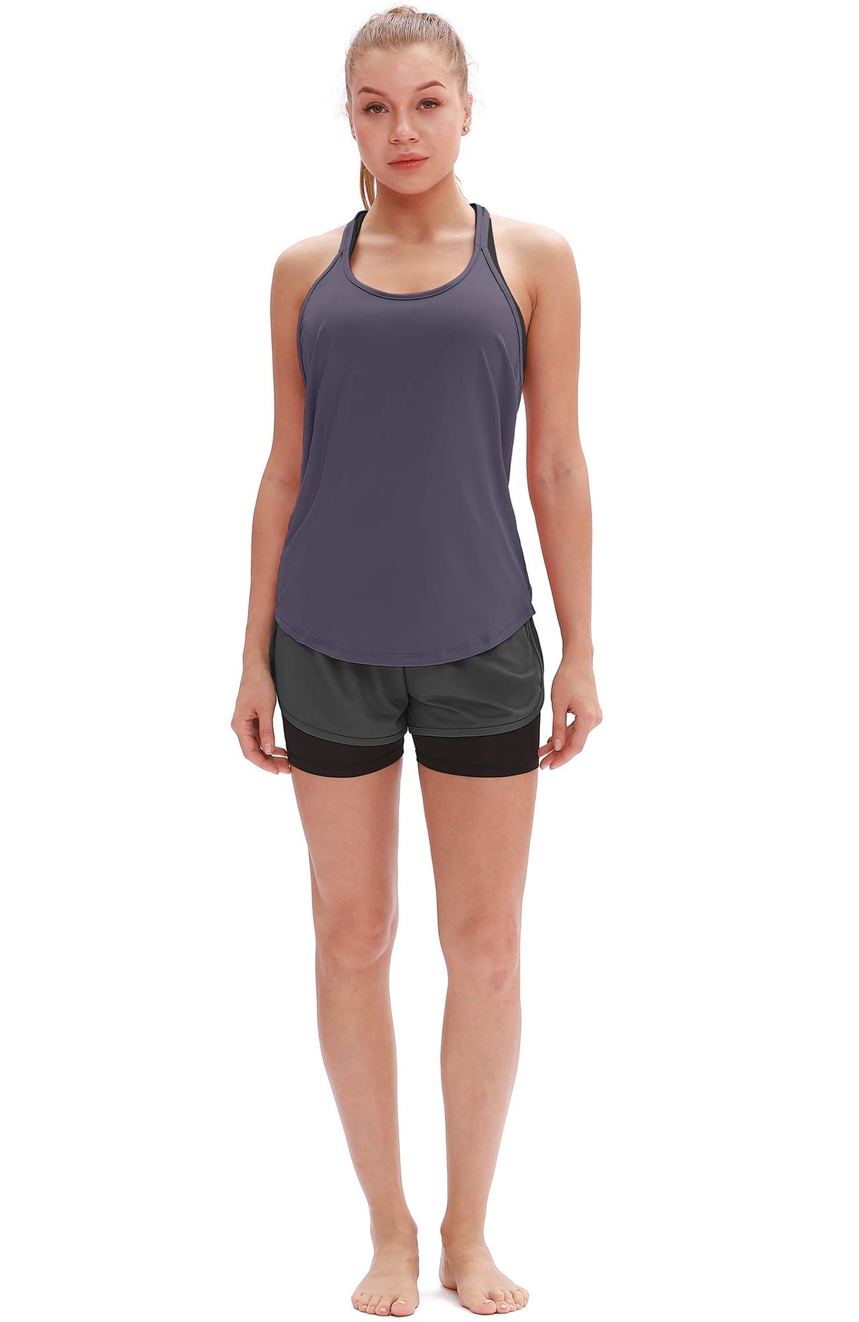 icyzone Workout Tank Tops for Women - Athletic Yoga Tops, T-Back Running Tank Top(Pack of 2) (L, Purple/Pistachio Green)