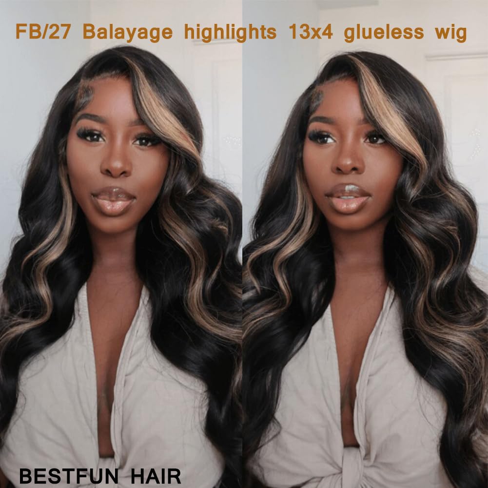 BestFun FB/27 Balayage Highlight Lace Front Wig Human Hair Pre Plucked 220% Density 24 Inch 13x4 HD Lace Brazilian Virgin Human Hair Body Wave Wig Ombre Glusless Wigs for Women Natural Hairline