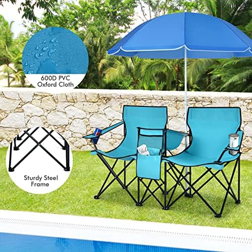 COSTWAY Double Portable Picnic Chairs, Folding Camping Chairs w/Detachable Umbrella, Cooler Bag, Cup Holders, Patio Beach Camping Chairs for Outdoors