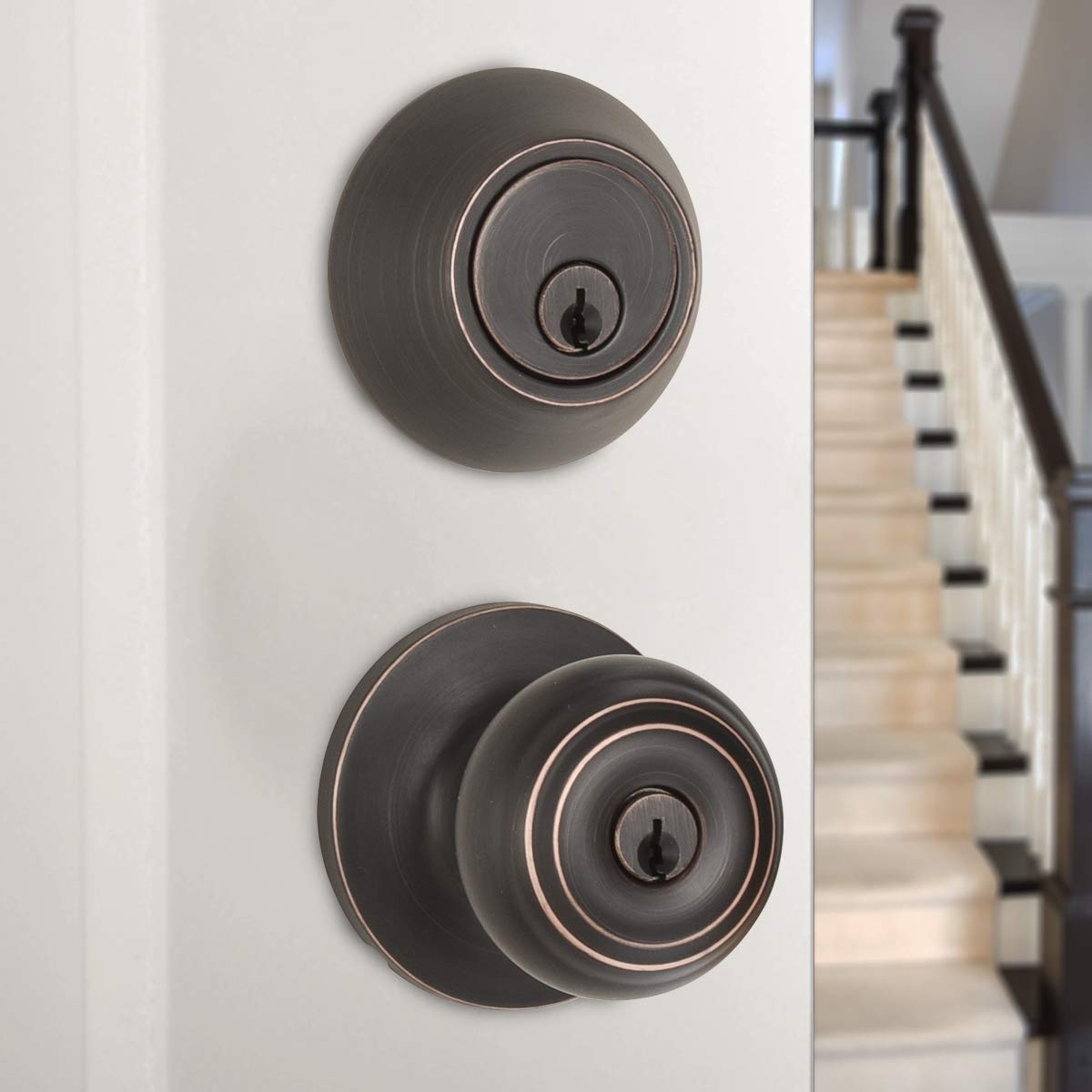 Amazon Basics Keyed Alike Exterior Knob with Key Lock and Deadbolt, Classic, Oil Rubbed Bronze, Set of 2