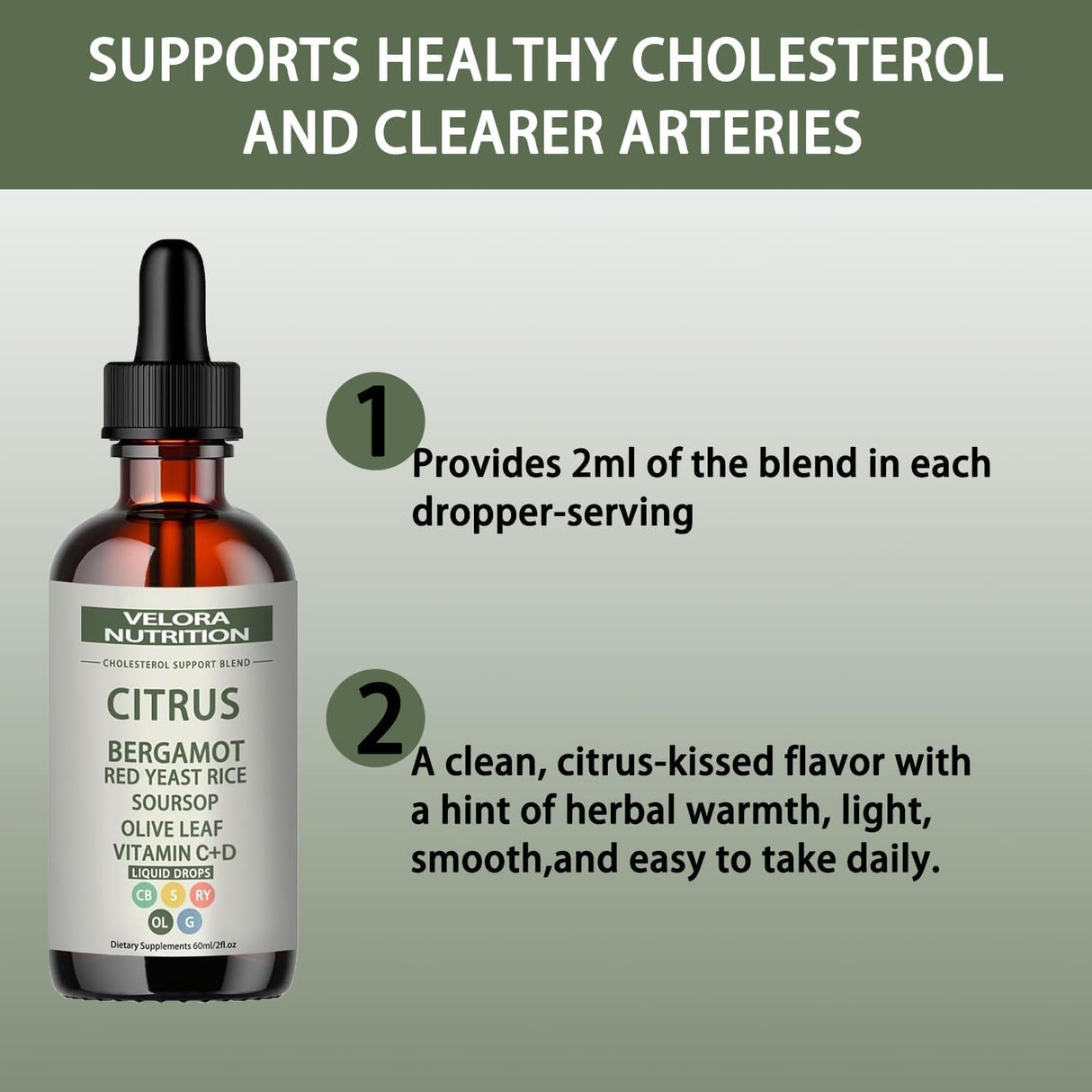 velora Red Yeast Rice Cholesterol Cleans Drops with Citrus, Bergamot, Red Yeast Rice, Soursop, Olive Leaf, Vitamin C+D, Natural, Non-GMO, Vegan 2 fl oz (1pc)