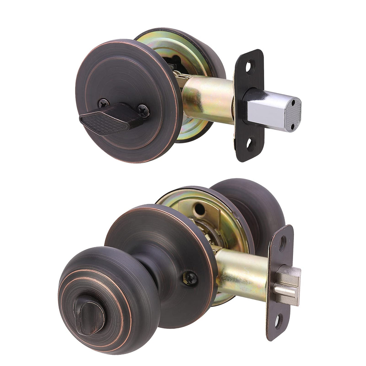 Amazon Basics Keyed Alike Exterior Knob with Key Lock and Deadbolt, Classic, Oil Rubbed Bronze, Set of 2