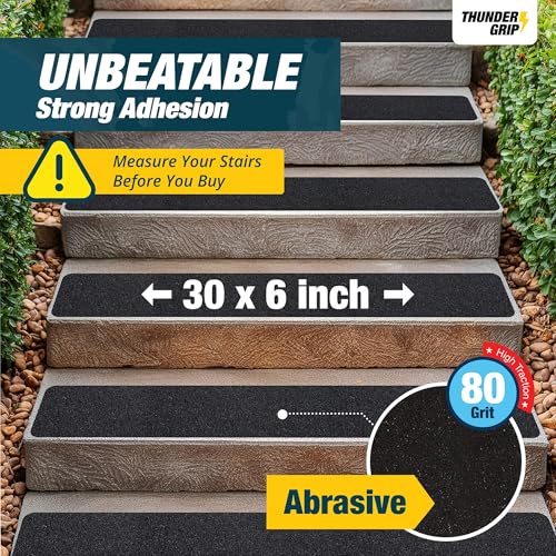 Outdoor Stair Treads Non Slip 30" x 6" - 15-Pack Weather Resistant Exterior Grip Tape for Wooden Steps - Non Slip Stair Treads - Anti Skid Strips - Waterproof 80-Grit Adhesive Treads by Thunder Grip