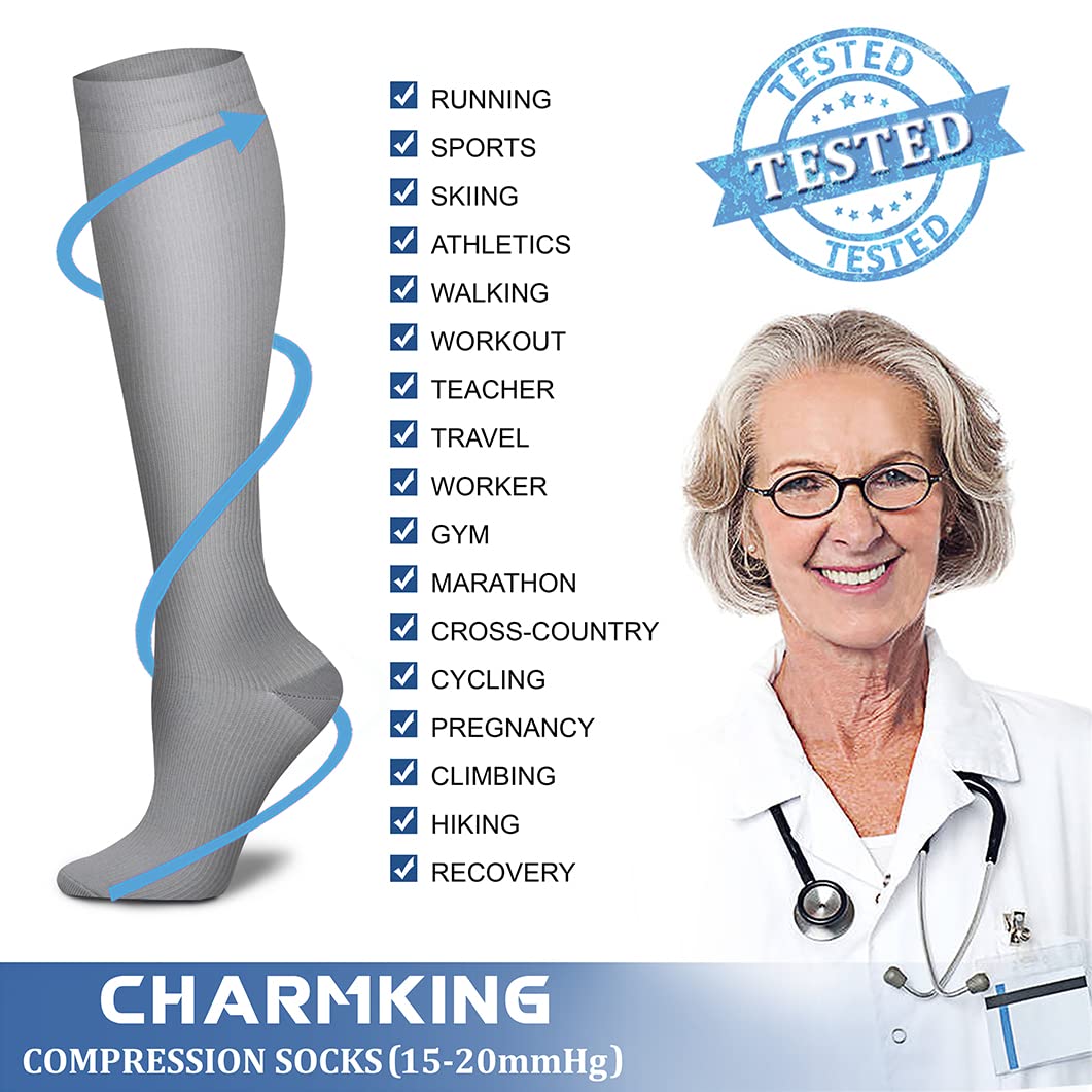 CHARMKING Compression Socks for Women & Men (8 Pairs) 15-20 mmHg Graduated Copper Support Socks are Best for Pregnant, Nurses - Boost Performance, Circulation, Knee High & Wide Calf (S/M, Multi 43)