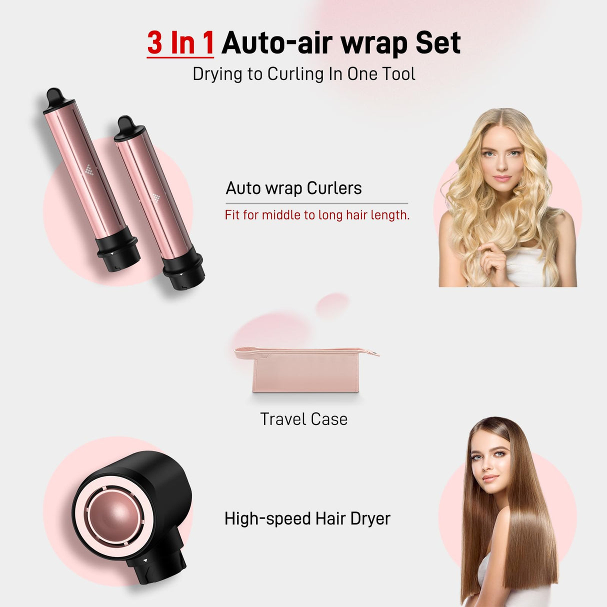 3 in 1 Air Styler with Travel Case - Ionic Hair Dryer & Air Wrap Curlers for Curling Drying, 1 Inch Curling Iron Barrel, Frizz-Free Blow Dryer No Heat Damage Fit for All Hair Types & Lengths