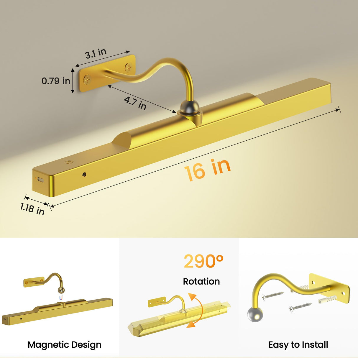 Picture Light 3Pack- 16in Picture Lights for Wall, 5000mAh Wireless Rechargeable Battery Picture Lights, Wall Light, Art Display Light for Gallery Artwork, Paintings, Portraits, Dartboards- Gold