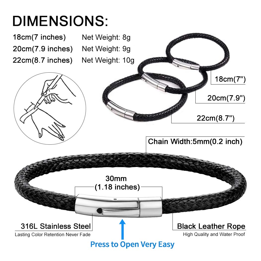 ChainsHouse Mens Black Leather Bracelet Cord 5mm 7.9 inch Black Stainless Steel Clasp Leather Bracelets Waterproof Cuff Bracelet