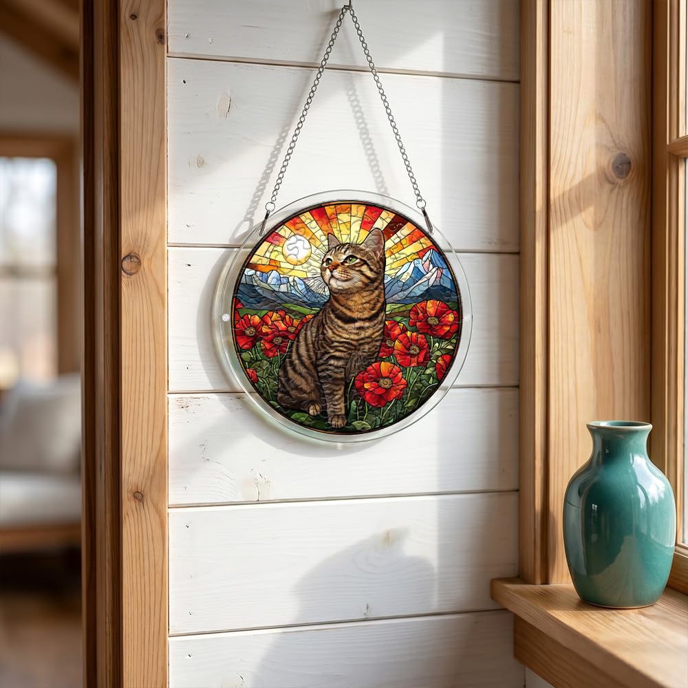 zhuoyaju Acrylic Puzzle Suncatcher, Cat & Flower Stained Glass Window Hanging, Sun Catcher Puzzle Kit Home Garden Decor, Creative Mothers Day and Birthdays Gifts for Mom, Wife, Sisters, 7.87 inch