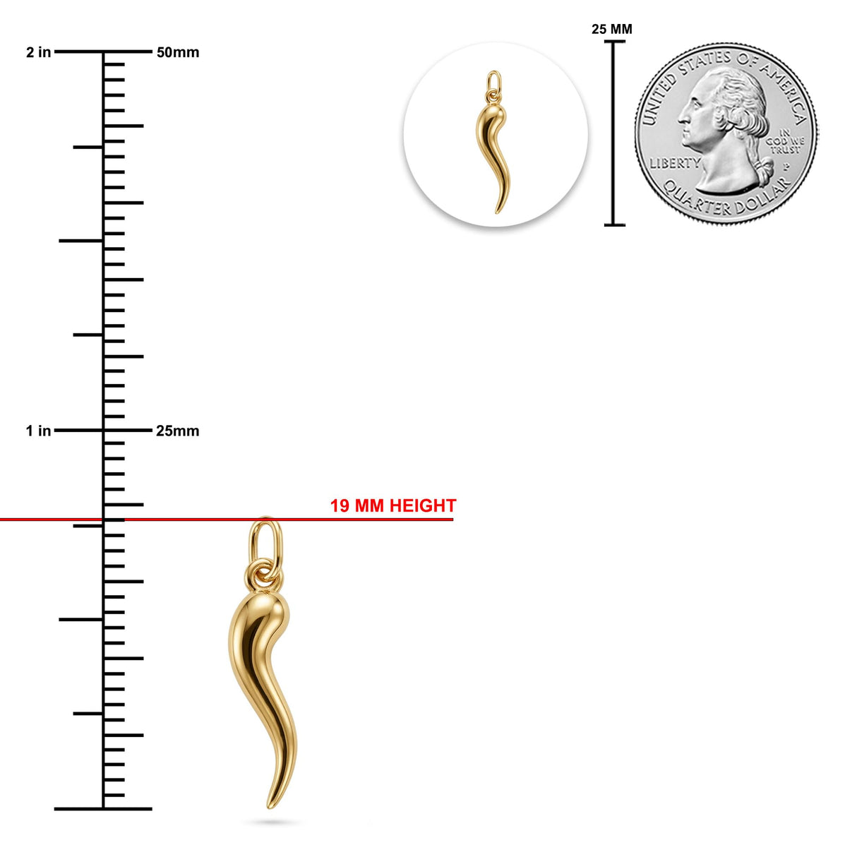 Gold Italian Horn Charm - 10 Karat Solid Gold - Cornicello Pendant
