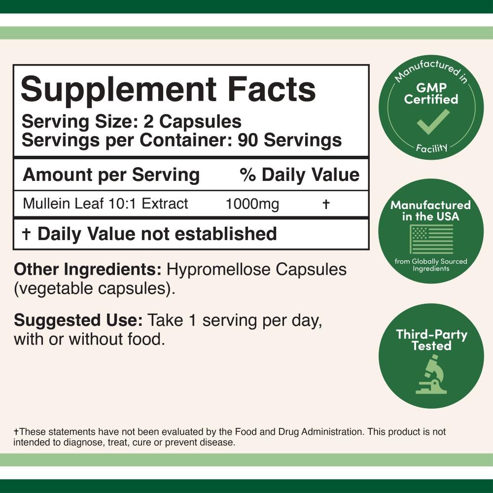 Mullein Leaf Capsules 10,000mg Strength, 180 Vegan Safe Capsules with No Fillers for Lungs and Respiratory Health by Double Wood