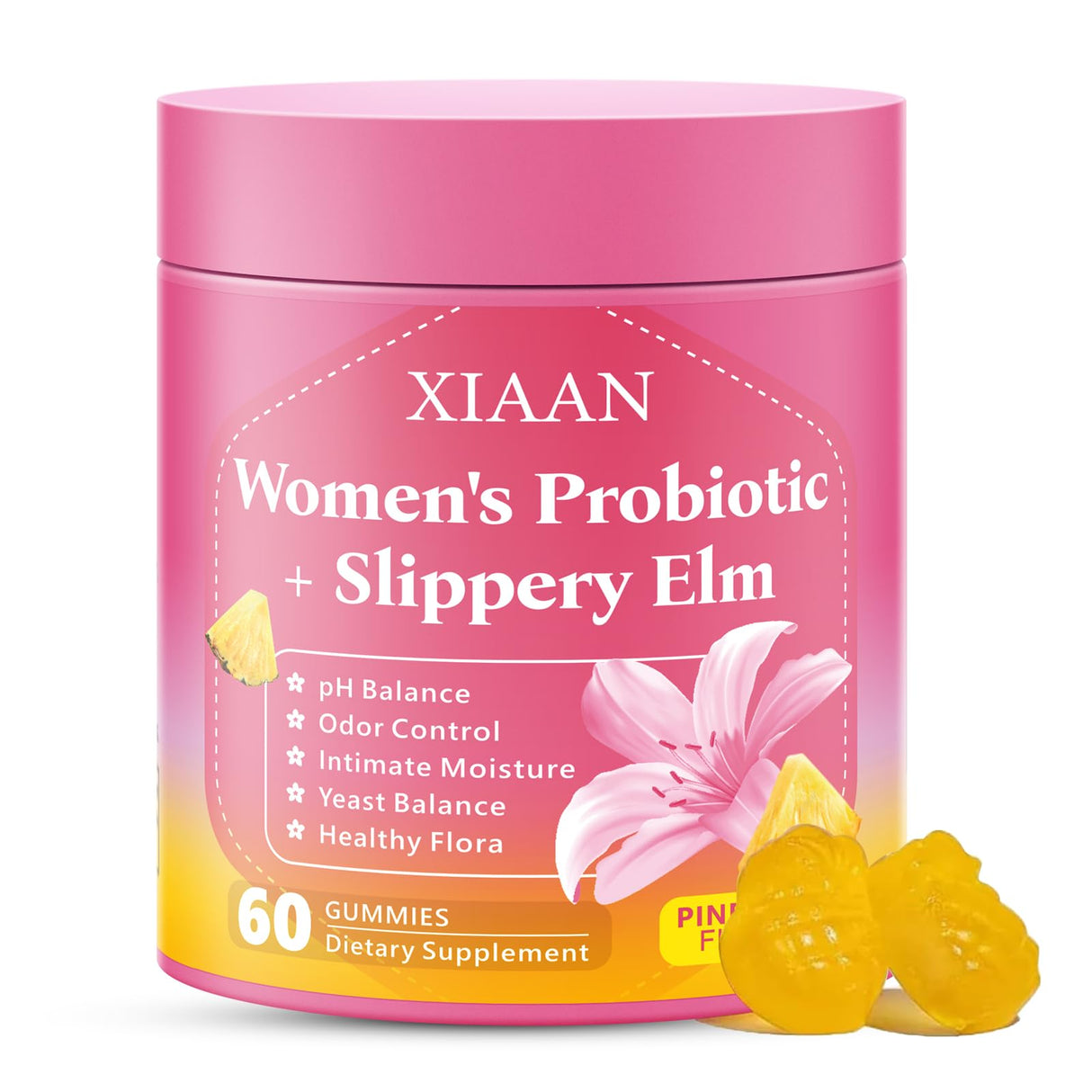 XIAAN Women Probiotic Slippery Elm Gummies, Her Juicy Feminine Probiotics Supports pH Balance & Immune System, Vaginal Probiotic Gummies, Suagr-Free, Veagn, Pineapple Flavor, 60 Count