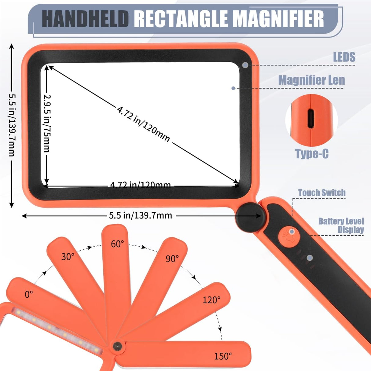 Magnifying Glass for Reading, Rechargeable 5X Large Page Magnifier with Light, Folding Handheld Dimmable Rectangle Lighted Magnifier for Reading Book Small Print for Seniors Low Vision, Orange-Black