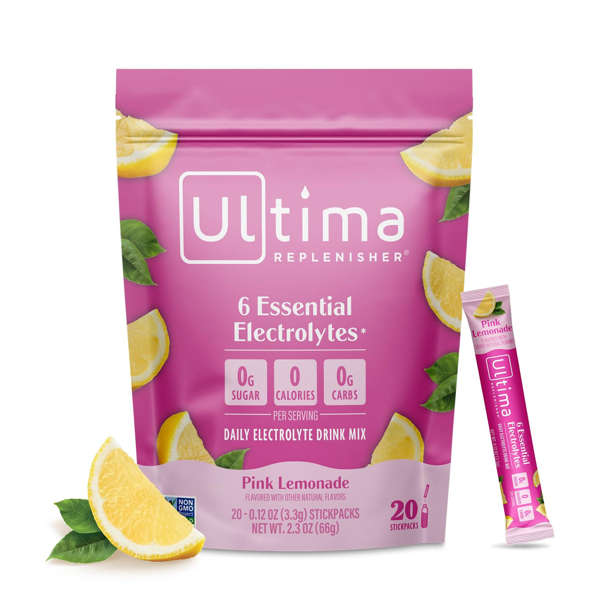Ultima Replenisher Daily Electrolyte Powder Drink Mix – Sugar Free – Pink Lemonade, 20 Stickpacks – Hydration Packets with 6 Electrolytes and Trace Minerals – Keto Friendly, Vegan, Non-GMO