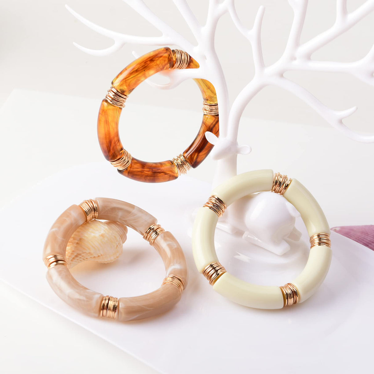 GOOJIDS Simple Beaded Gold Plated Bangles Bracelet Chunky Bamboo Tube Curved Stacking Acrylic Colorful Beads Stretchable Gold Plated Bracelets Set For Women
