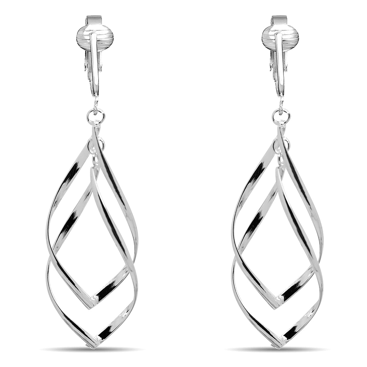 Silver Clip On Earrings For Women, They Look Pierced, Don't Pinch & Won't Fall Off, Hypoallergenic & Lightweight (Silver Double Drops)