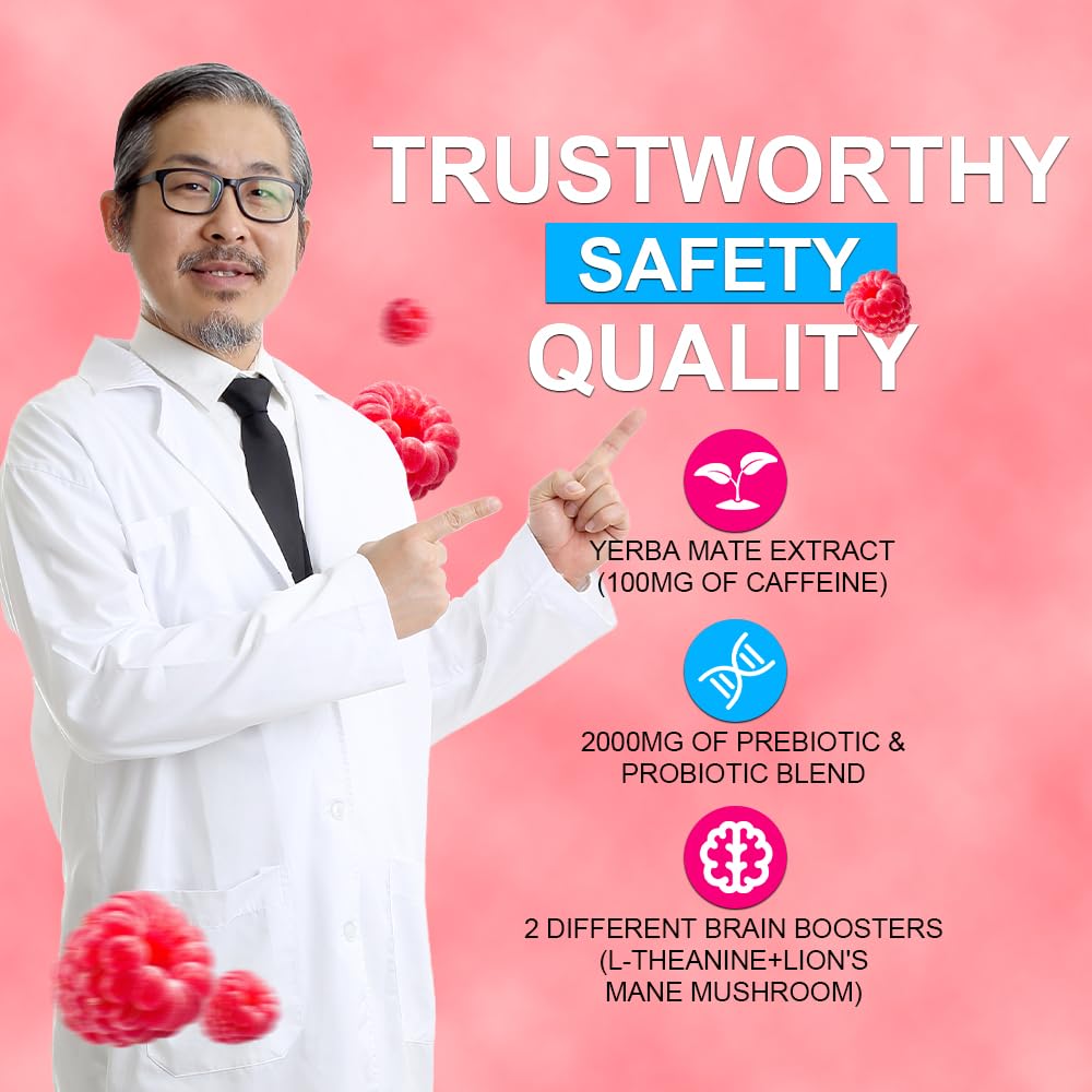 Zoone Super Yerba Mate Instant Tea Powder with Prebiotics & Probiotics - Raspberry Lemonade Flavor for Gut Health, Energy Boost & Focus - 30 Servings Packets