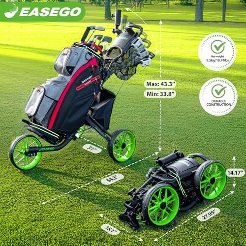 Golf Push Cart 3 Wheel : Golf Bag Cart Foldable with Phone Holder/Cup/Umbrella Holder Compact Golf Pull Carts Quick Fold Golf Caddy Push Carts with Large Wheelbase for Different Terrain