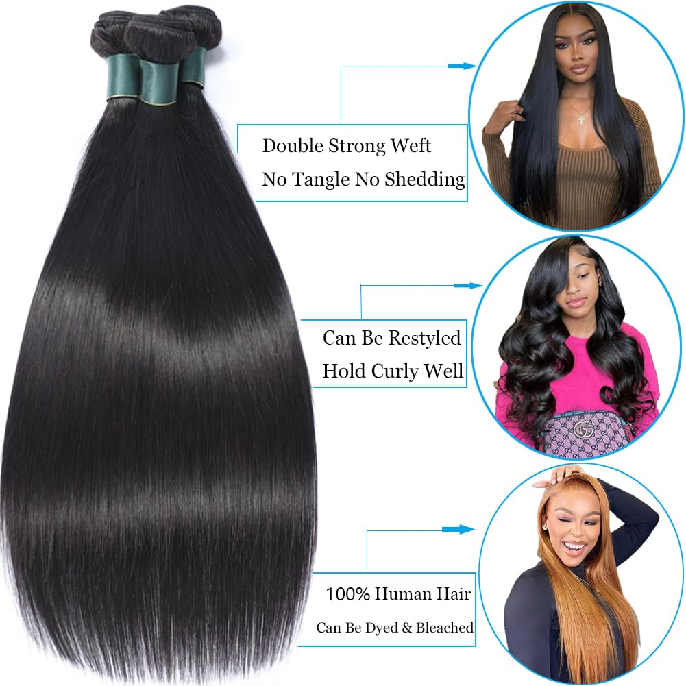 Brazilian Straight Bundles Human Hair 16 18 20 Inch, 12A Grade, 100% Unprocessed Virgin Human Hair Extensions, Natural Black (16-20)