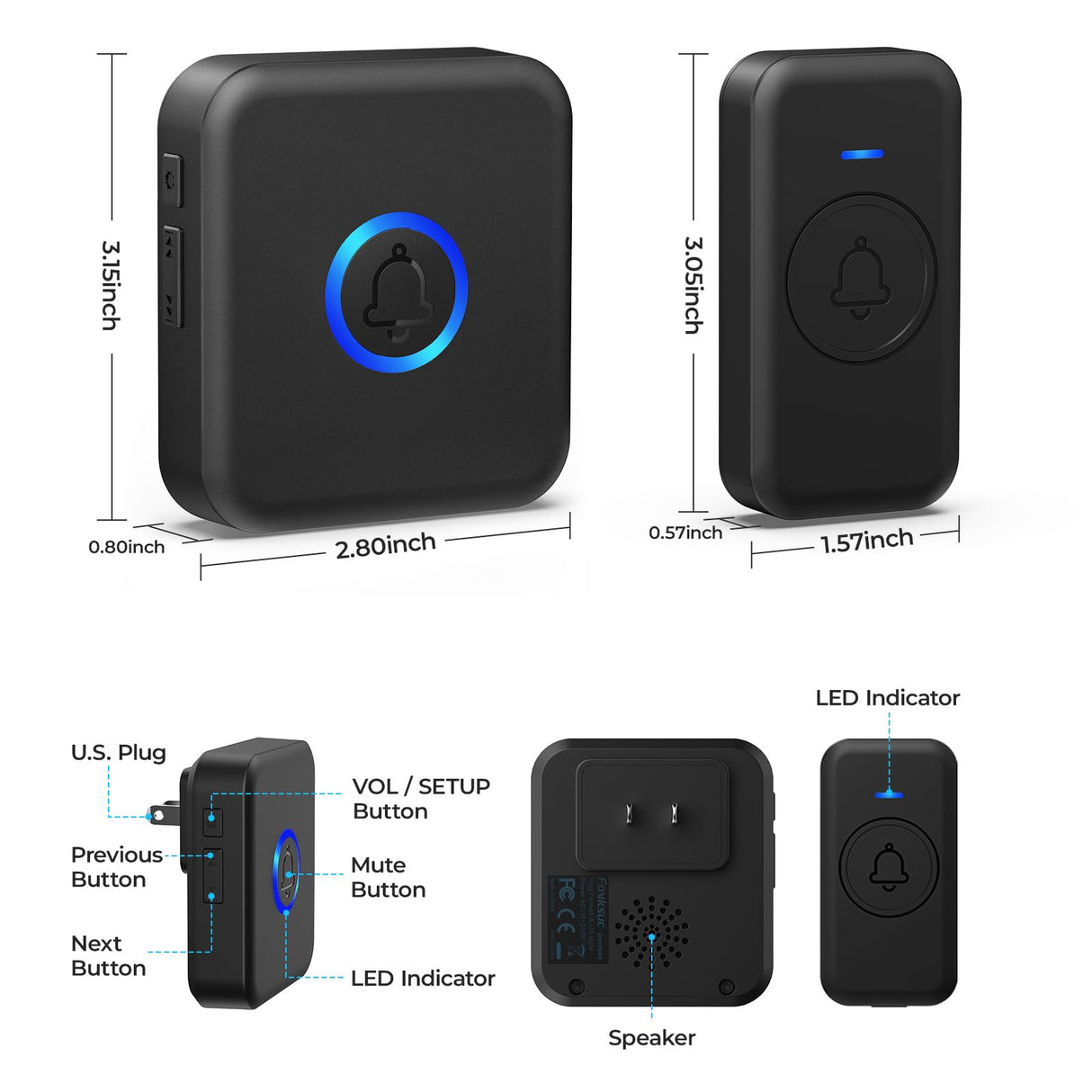 FOVKSUC Wireless Doorbell, Waterproof Door Bell with 60 Chimes, 5 Volume Levels & Mute Mode, Loud Door Bell Ringer Wireless for Home Classroom Office (2 Receiver & 2 Button, Black, U.S. Plug)