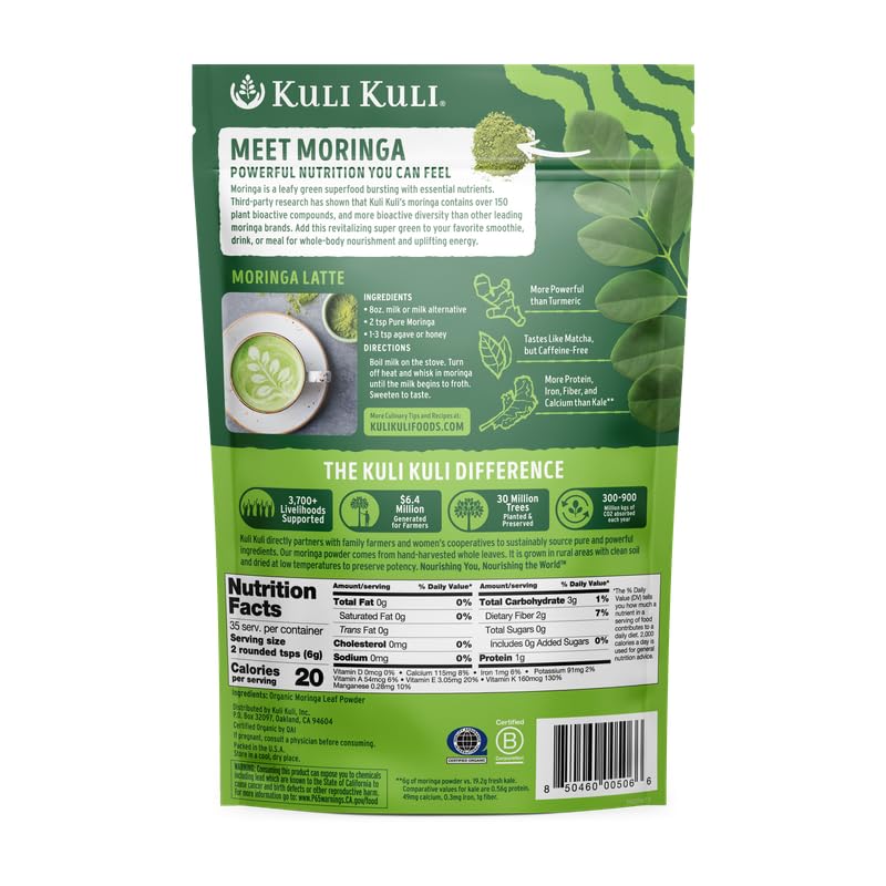 Kuli Kuli Moringa Oleifera Organic Leaf Powder & Green Smoothie, 100% Pure USDA Certified & Non-GMO Moringa Powder, Great with Smoothies, Tea, and Food, 4 Pack