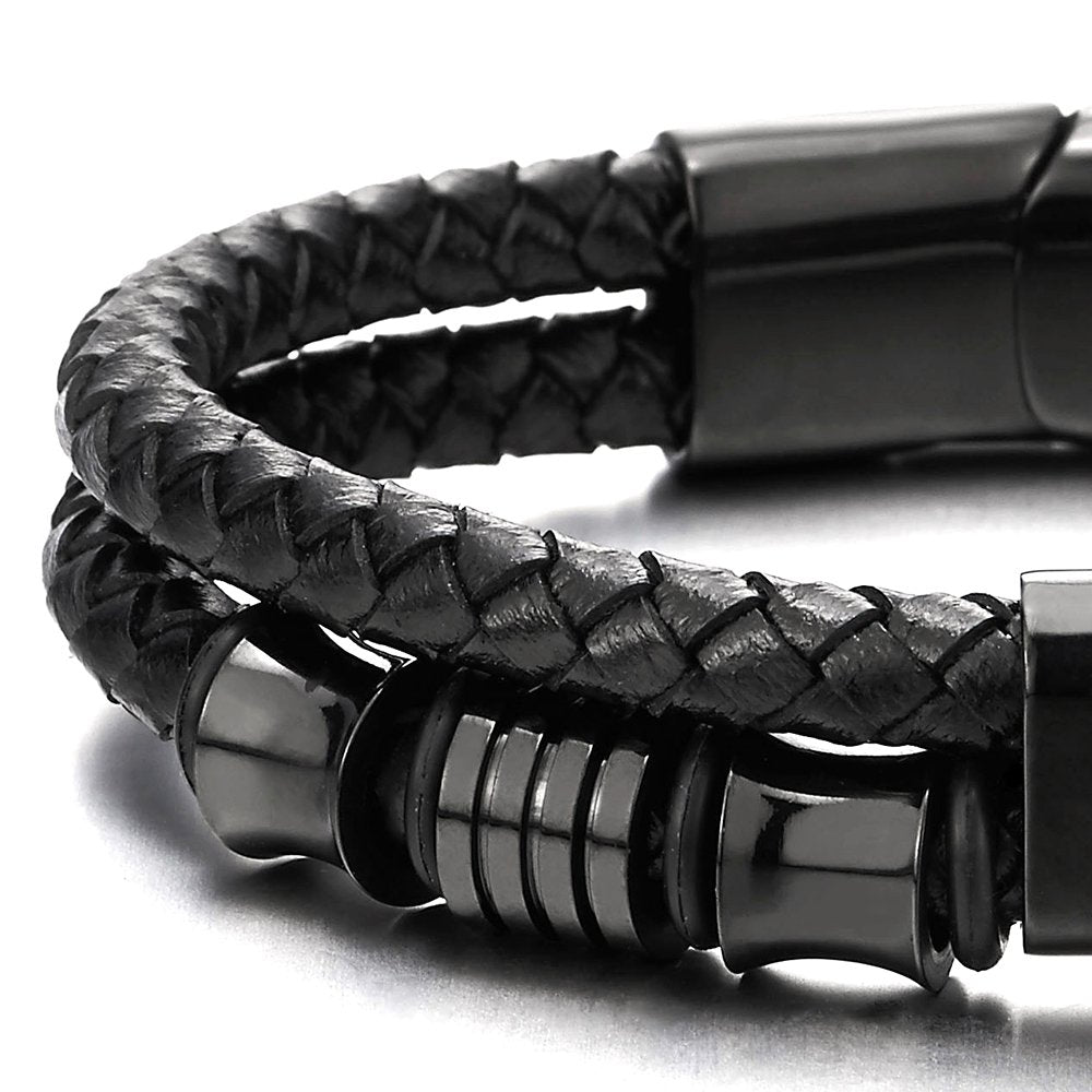 Men's Black Braided Leather Bracelet with Stainless Steel Accents Double-Layer Design Durable Biker Punk Style Wristband Modern Minimalist Fashion Jewelry for Men
