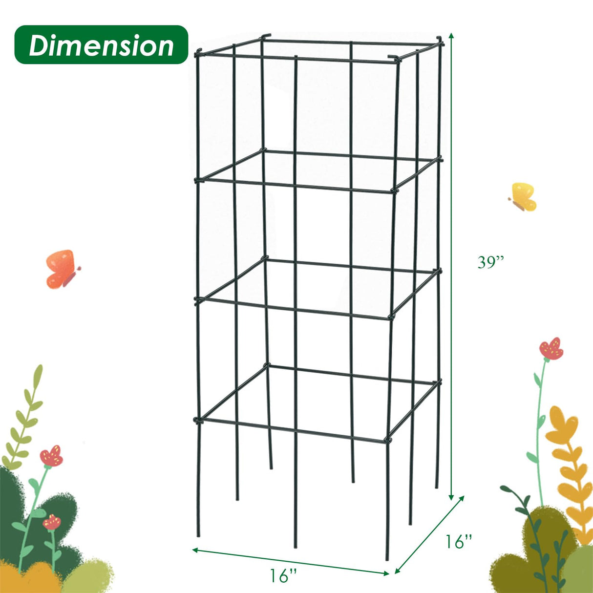 S AFSTAR 4 Pack Folding Tomato Cages, 39 Inches Tall Square Plant Support Cage for Garden Climbing Plants Flowers Fruits, Heavy Duty Tomato Vegetable Trellis