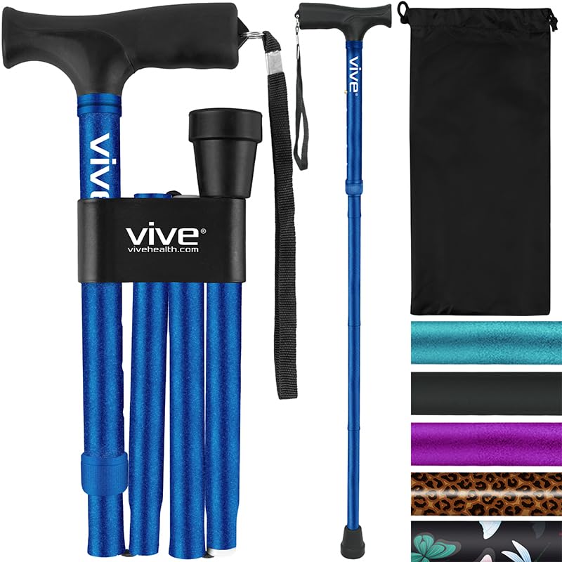 Vive Folding Cane - Foldable Walking Cane for Men, Women - Fold-up, Collapsible, Lightweight, Adjustable, Portable Hand Walking Stick - Balancing Mobility Aid - Sleek, Comfortable