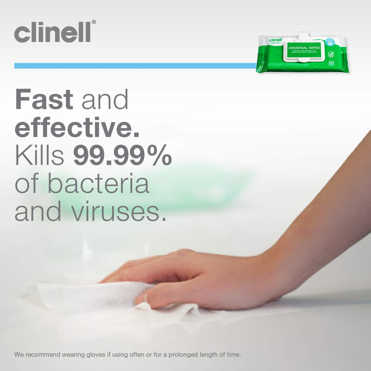 Clinell Universal Cleaning and Surface Disinfection- Multi Purpose - Kills 99.99% of Germs, Effective from 30 Seconds - 1 x Clip Pack of 50 Wipes