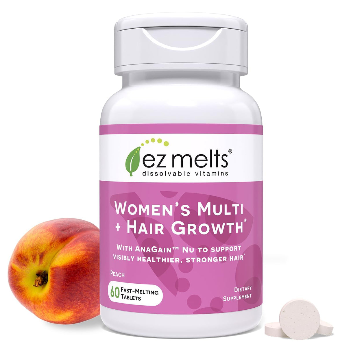 EZ Melts Dissolvable Women’s Multivitamin + Hair Growth with Biotin, Bamboo Extract & Clinically Studied AnaGain Nu, Supports Visibly Healthier, Stronger Hair, Sugar-Free Peach Flavor, 1-Month