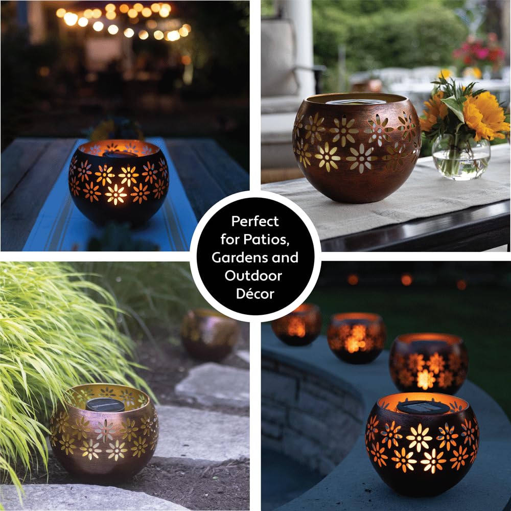 Original Solar Fire Bowl (1-Pack) Outdoor Waterproof Solar Lanterns - Metal Porch Lights with Flickering Flame for Tabletop, Patio, Garden & Landscape Decor (Matte Black)