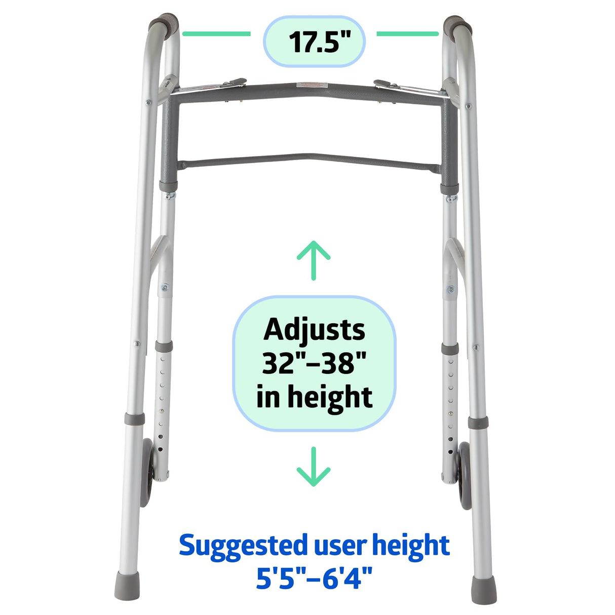 Medline Lightweight Two Button Folding Walker with 5" Wheels, Aluminum Frame Supports up to 300 lbs