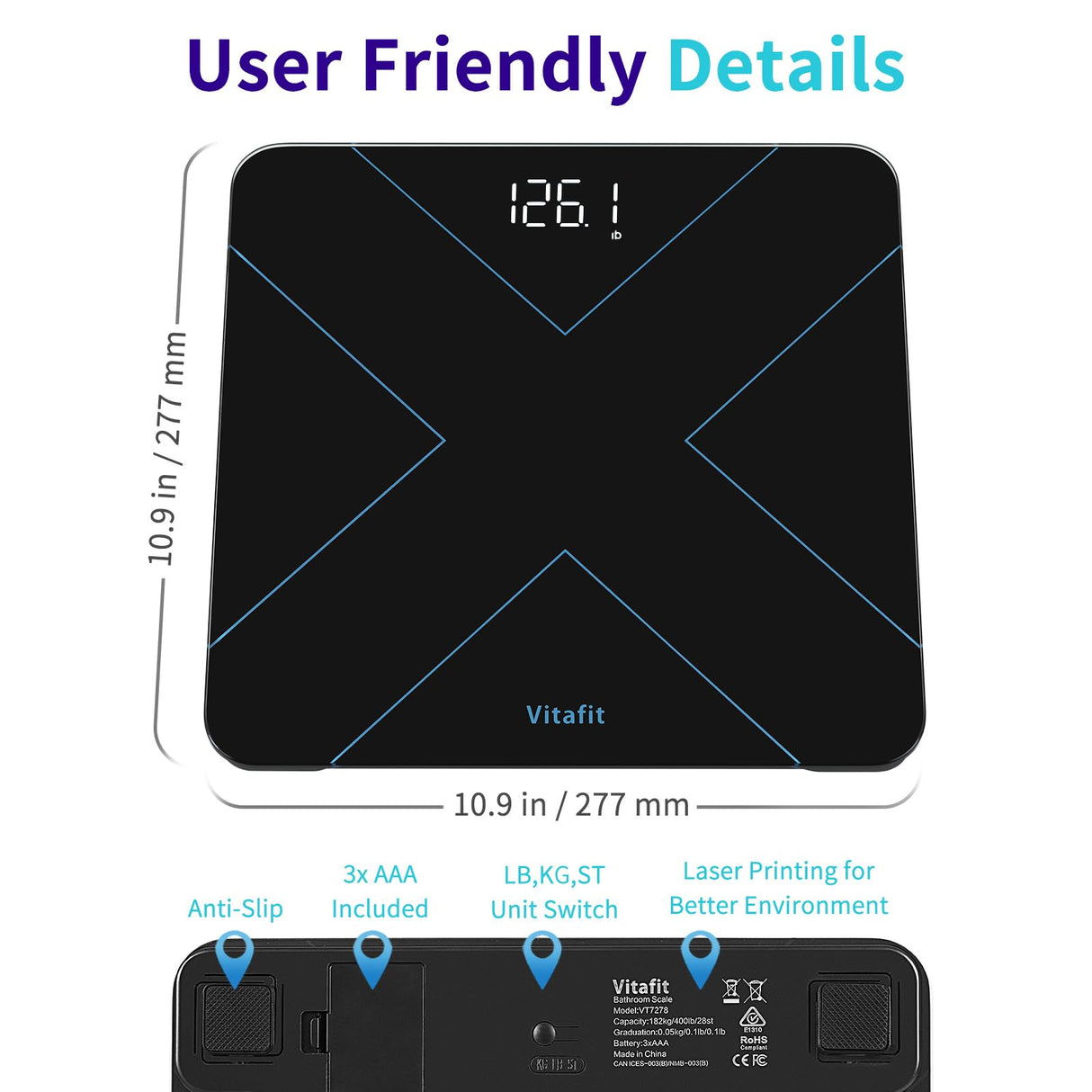 Vitafit Digital Bathroom Scale for Body Weight, Weight Scale Professional Factory Since 2001, White LED and Step-On, 3*AAA Batteries Included, 400lb/182kg, Black