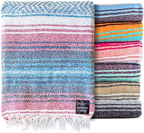 Benevolence LA Authentic Handwoven Mexican Blanket | Yoga Blankets, Outdoor, Picnic, Beach, Camping | Equestrian Saddle | Serape 50x70 inches - Azure, Pack of 1
