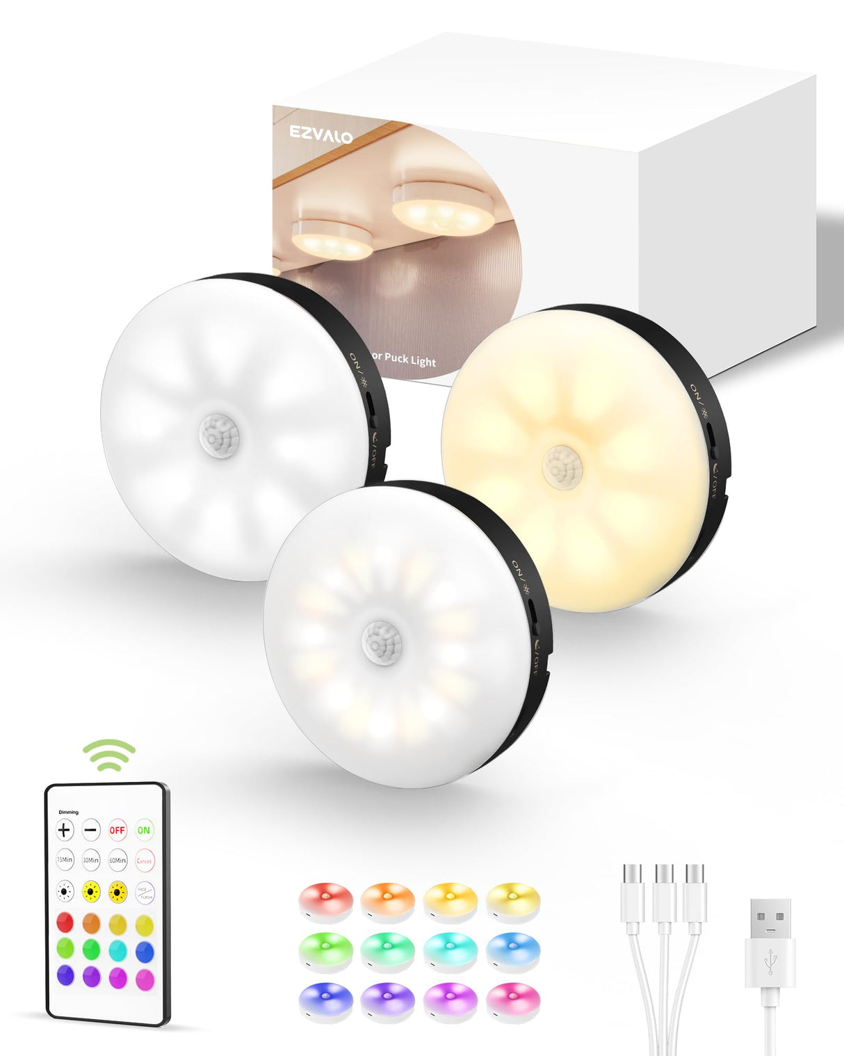EZVALO Under Cabinet Lighting,1000mAh Rechargeable Puck Lights with Remote,3 Color Temps & 12 RGB Motion Sensor Closet Lights Indoor,Dimmable Under Cabinet Lights for Kitchen,Cabinets,Closet (3 Packs)