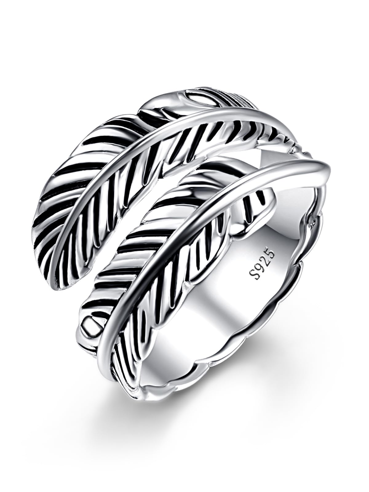AVECON S925 Sterling Silver Rings, Adjustable Feather Gift for Women & Men