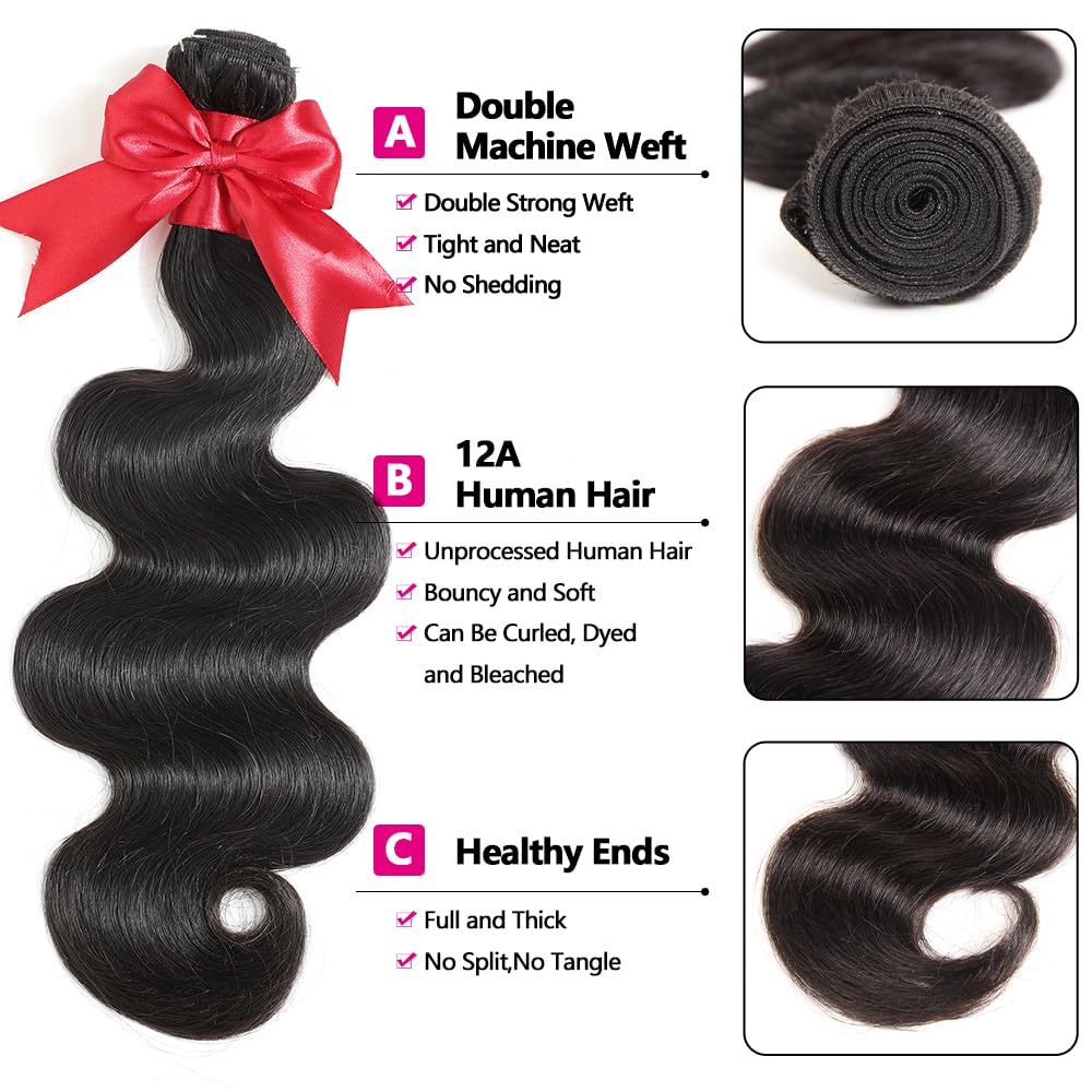 12A Human Hair Bundles with Closure 18 20 22 with 16 Inch Brazilian Body Wave Bundles Human Hair with Closure 100% Unprocessed Virgin Human Hair Weave 3 Bundles Deals with 4x4 HD Lace Closure