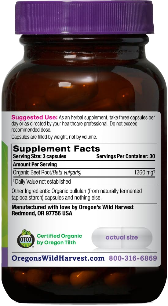 Oregon's Wild Harvest Organic Beet Root Capsules – 90 Vegan Capsules – USDA Certified Organic Beet Root Powder – Non-GMO, Gluten-Free, Dairy-Free, Soy-Free – Grown in North America – Made in The USA