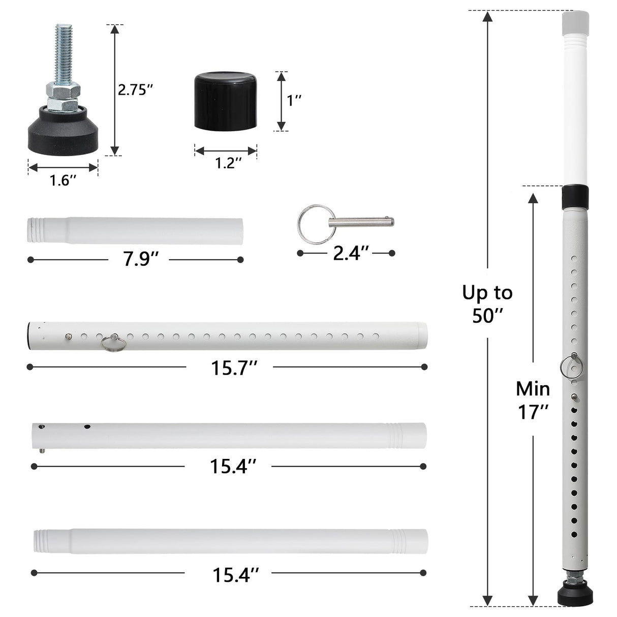 BeBecome Sliding Door Security Bar,17-50 inch Adjustable Patio Door Security bar with Rubber Tips Apartment Bedroom Bottom of Door Heavy Duty Interior White