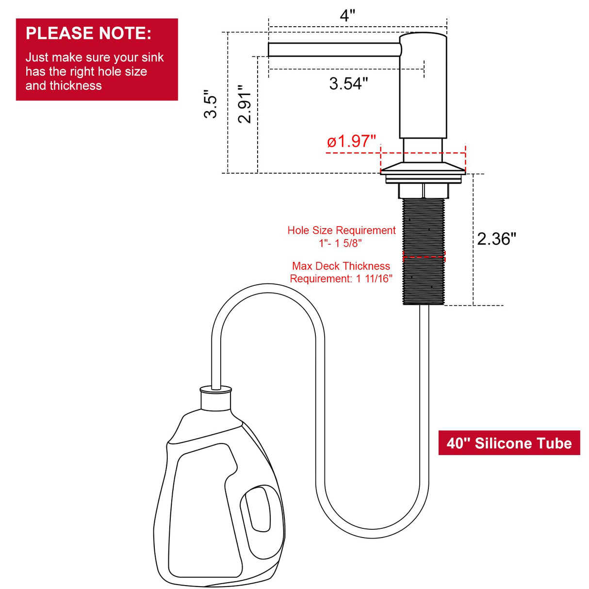 GAGALIFE Kitchen Sink Soap Dispenser - Sink Soap Dispenser Pump with 40" Silicone Extension Tube Kit (Brushed Nickel), Say Goodbye to Frequent Refills G026BN