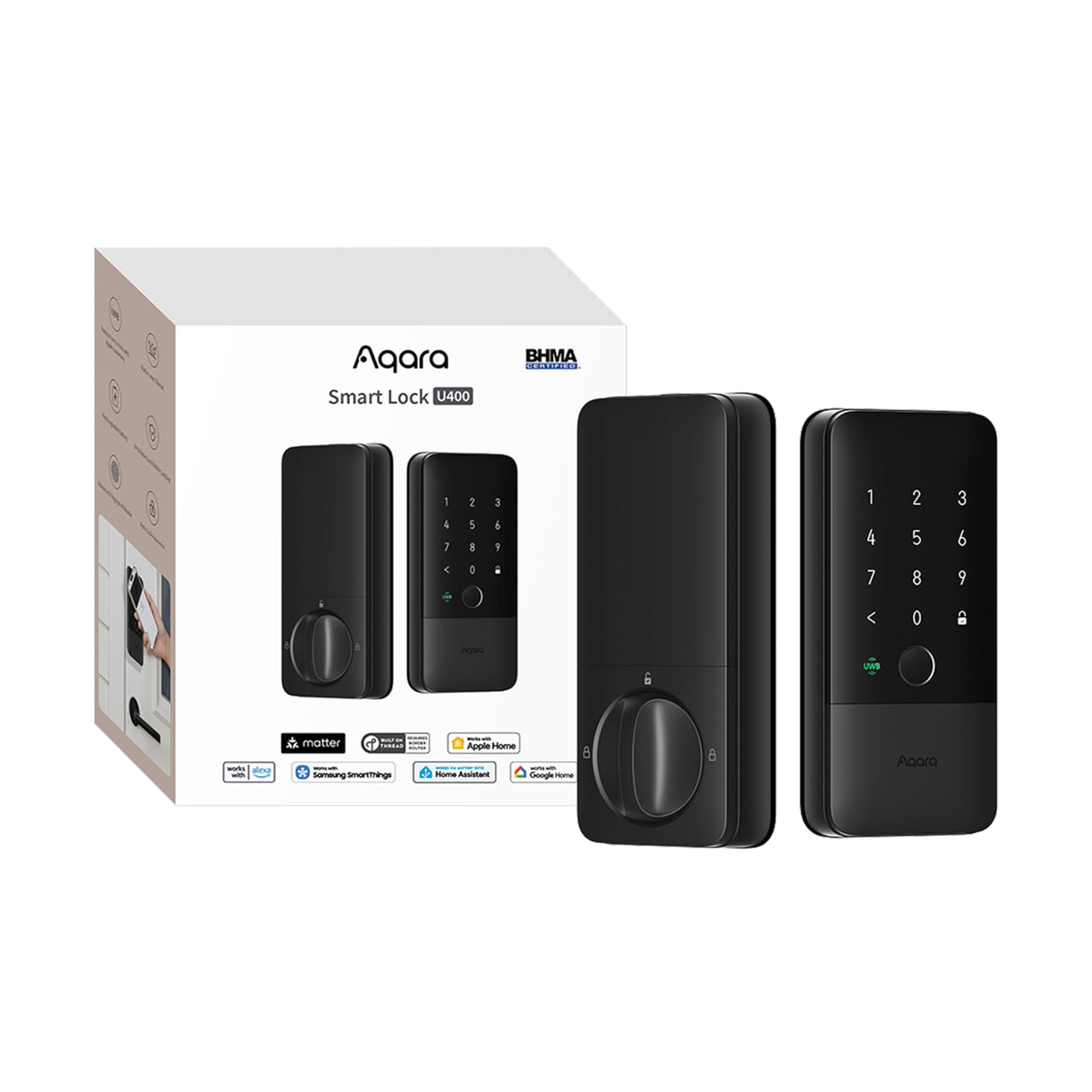 Aqara UWB Smart Lock U400, Matter Over Thread, Apple Home Key, Fingerprint Keyless Entry Deadbolt,Touchscreen Keypad, Rechargeable Battery, Supports HomeKit, Alexa, Google, Home Assistant, Black