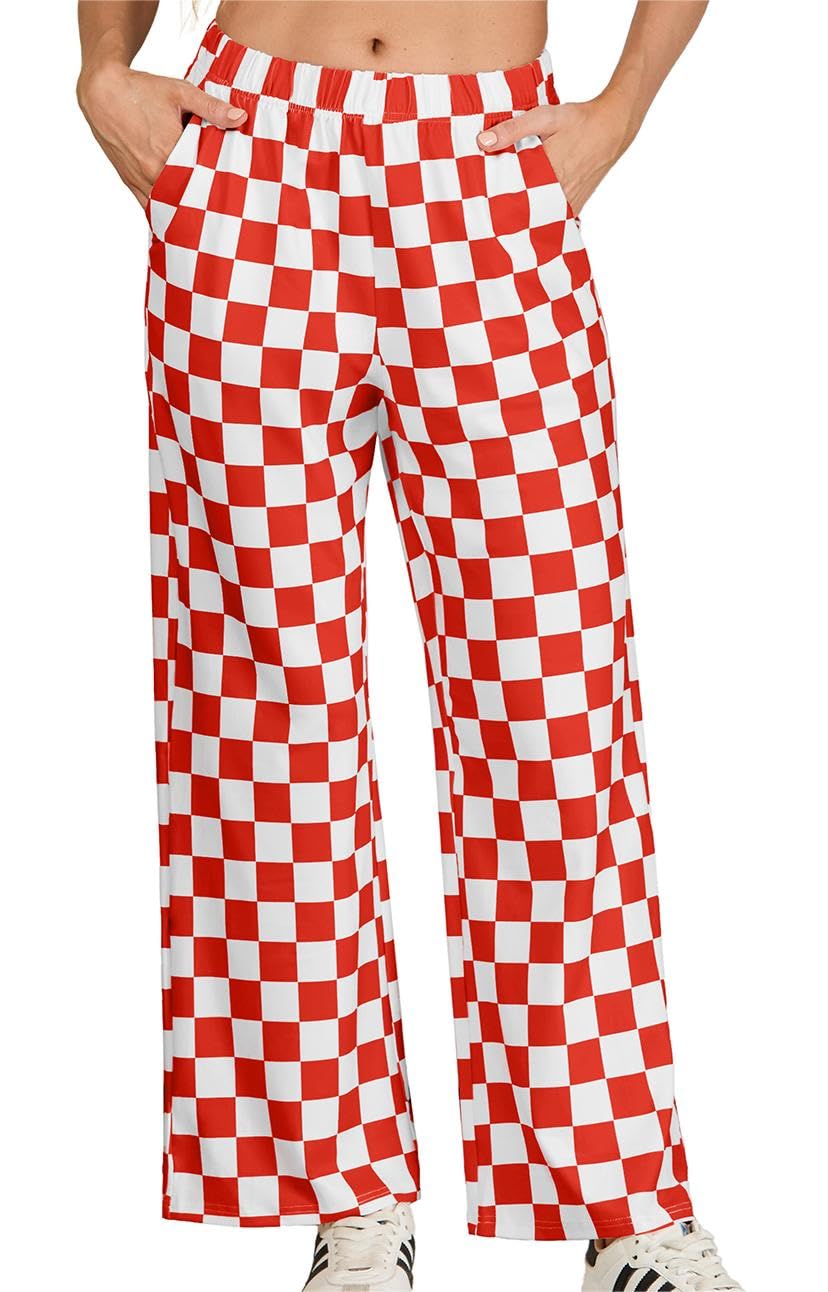 IWOLLENCE Christmas Checkered Pants for Women High Waist Wide Leg Plaid Pajama Pant Teen Girl Y2K Lounge Preppy Trousers Red White, M