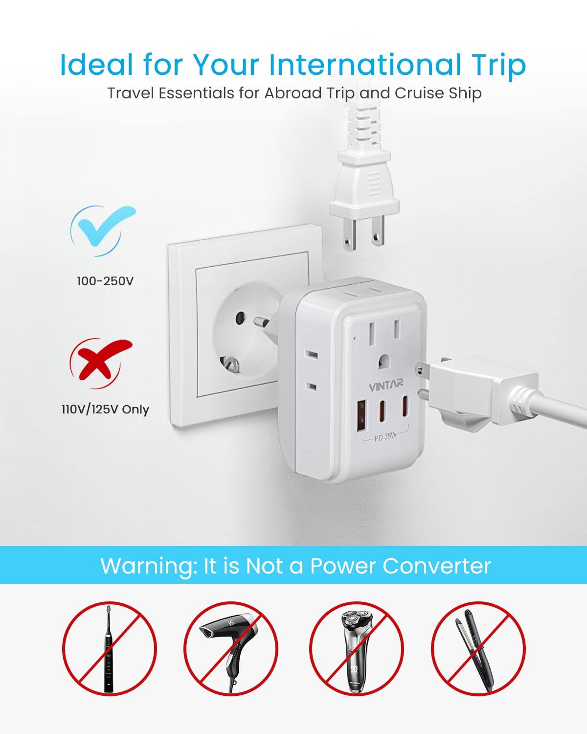2 Pack European Travel Plug Adapter, VINTAR PD 35W Foldable Type C Adapter with 4 AC Outlets 3 USB Ports(2 USB C), Travel Essentials Charger for US to Most of Europe EU Italy Spain France