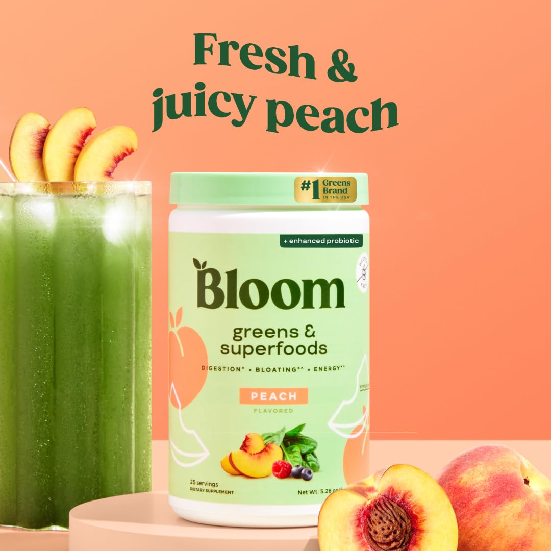 Bloom Nutrition Superfood Greens Powder, Digestive Enzymes with Probiotics and Prebiotics, Gut Health, Bloating Relief for Women, Chlorella, Green Juice Mix with Beet Root Powder, 25 SVG, Peach