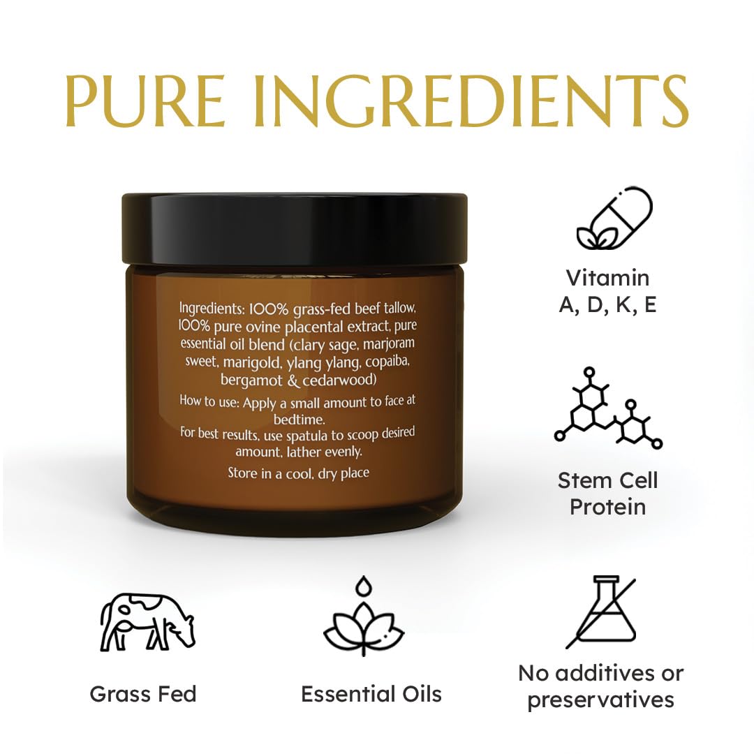 Krowa Night Face Balm - Grass Fed Tallow Cream w/Essential Oils. Growth Factors & Stem Cells for Natural Skin Rejuvenation. Collagen and Elastin to Boost Skin Renewal. Clean Beauty, No Additives