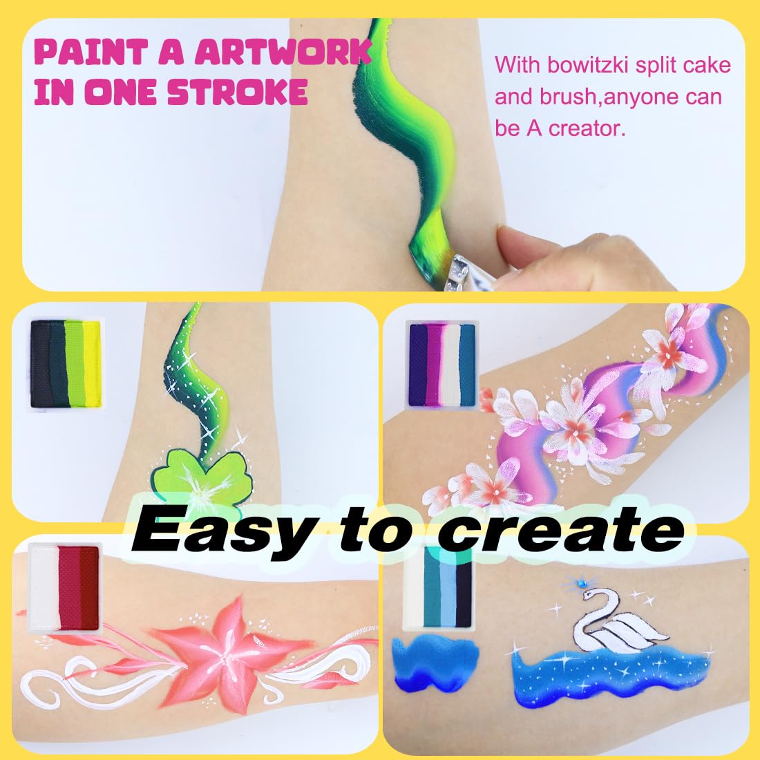 Bowitzki Face Paint Kit Professional Split Cake Face Painting Set For Kids Adults 12x10 gm with Stencil One Stroke Non Toxic Rainbow Flora Dolphin Unicorn Flame Body Paint Halloween Christmas Makeup