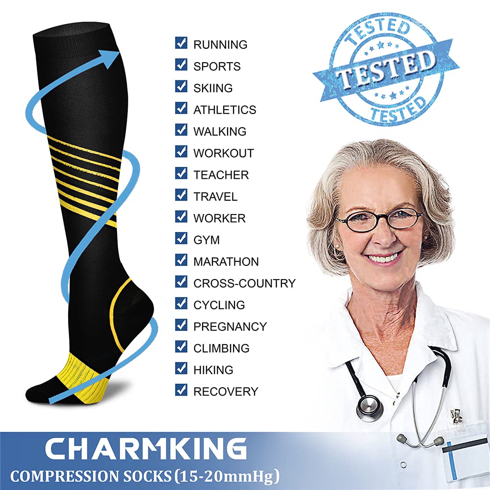 CHARMKING Compression Socks for Women & Men (8 Pairs) 15-20 mmHg Graduated Copper Support Socks are Best for Pregnant, Nurses - Boost Performance, Circulation, Knee High & Wide Calf (L/XL, Multi 34)