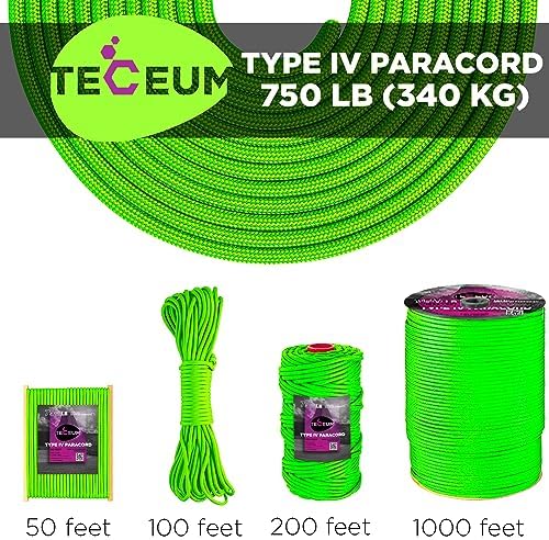 TECEUM 5/32" Paracord Rope 1000 – 1000ft / 200ft / 100ft / 50ft – Tactical Parachute Cord 4mm – 45+ Colors – Nylon String for Survival & Camping Gear – Stripe Cord for Survival – Utility Rope