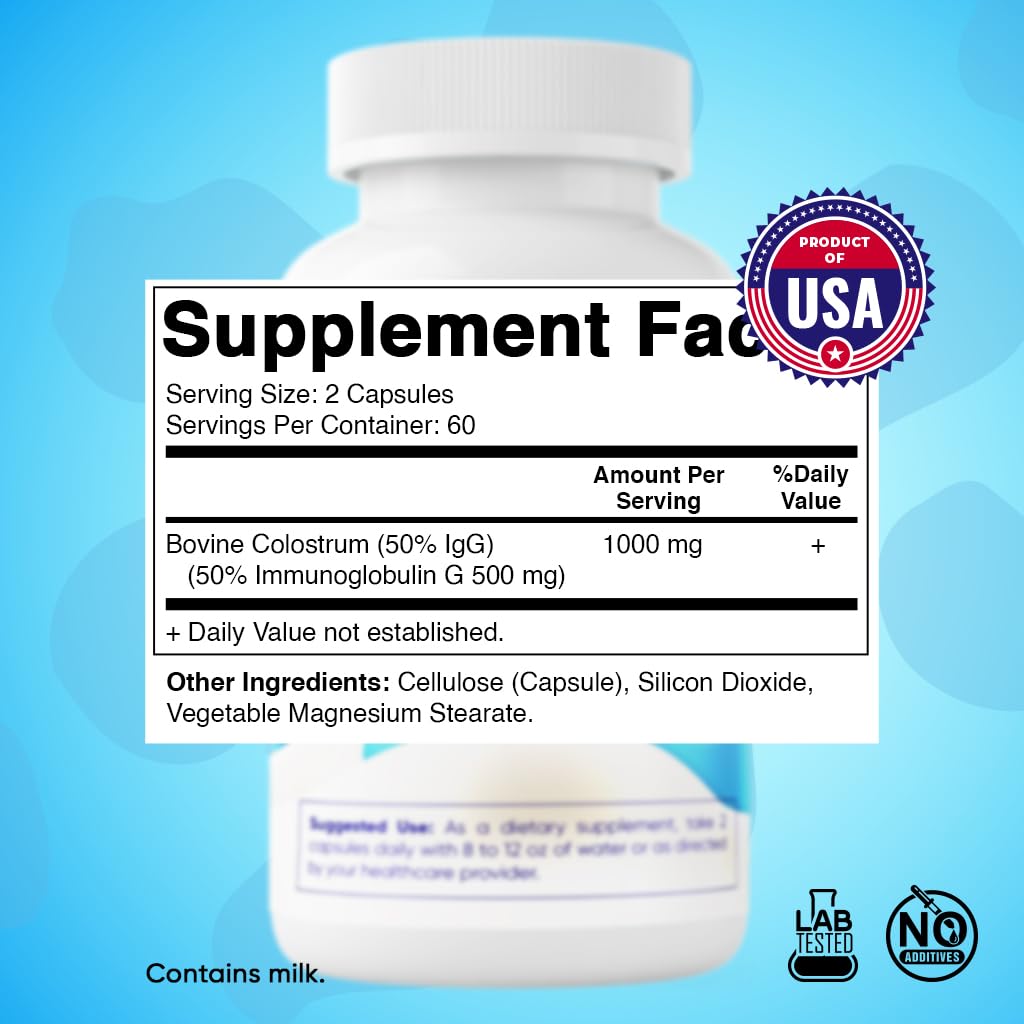 Vitamatic Bovine Colostrum Supplement 1000 mg per Serving - 50% Highest IgG - Supplement for Gut Health, Hair Growth, Beauty, Muscle Recovery, & Immune Support - 120 Capsules