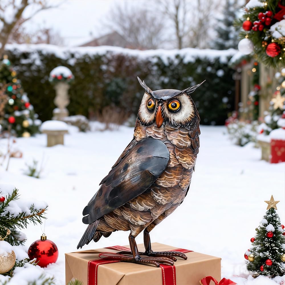 Natelf Outdoor Metal Brown Standing Owl Garden Statue for Patio Yard Decor